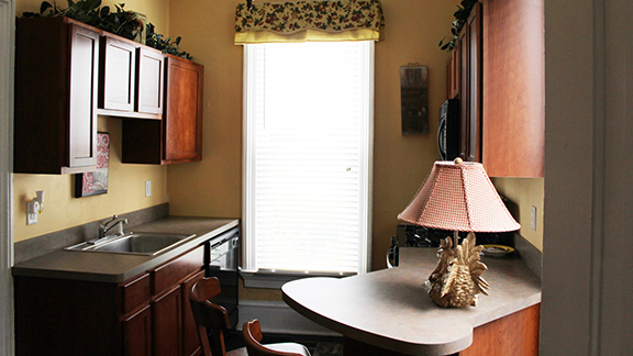 Large window at end of gallery kitchen